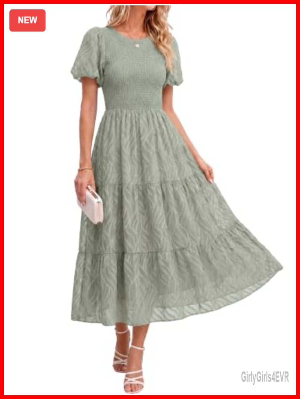 Chiffon Midi Dress Short Sleeve Smocked Crewneck A Line Tiered